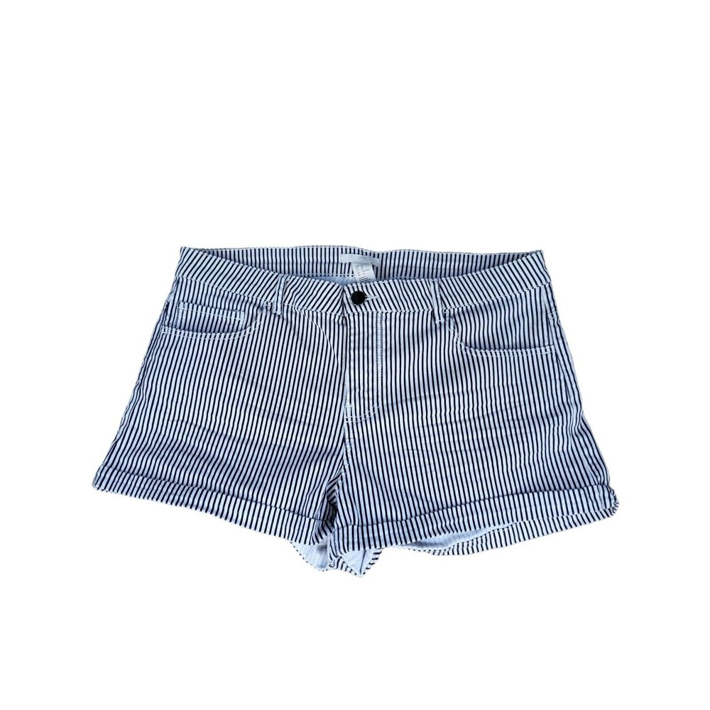 H&M Denim Shorts 10 Womens Mid Rise White Blue Striped Cuffed‎ Casual